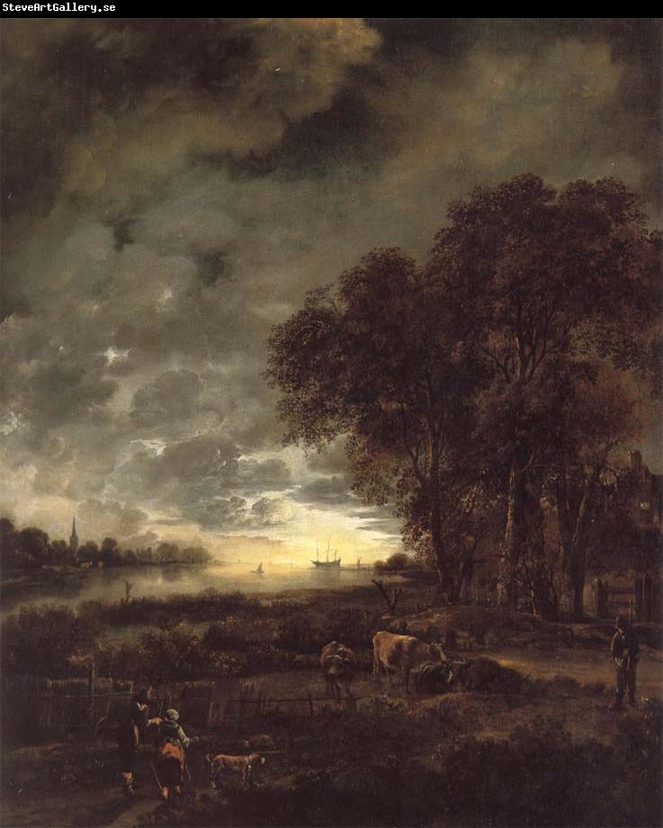 Aert van der Neer A Landscape with a River at Evening